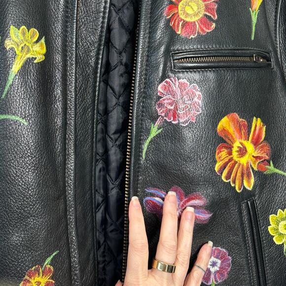 Libertine Hand-Painted Floral Skull Black Leather Moto Jacket M - Picture 10 of 16